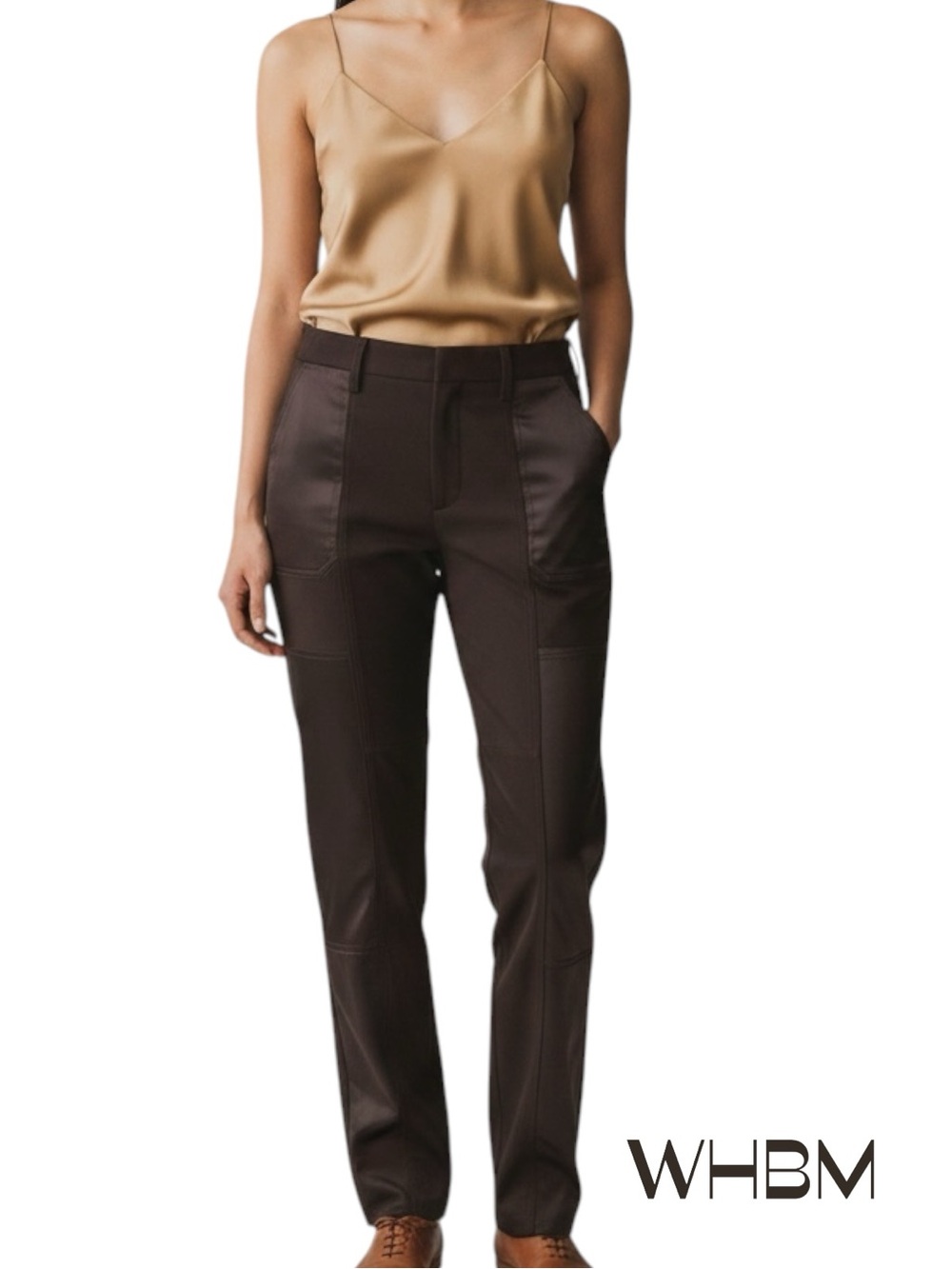 WHBM Brown Satin Paneled Straight Leg Women's Adjustable Leg Pants NWOT Size 8